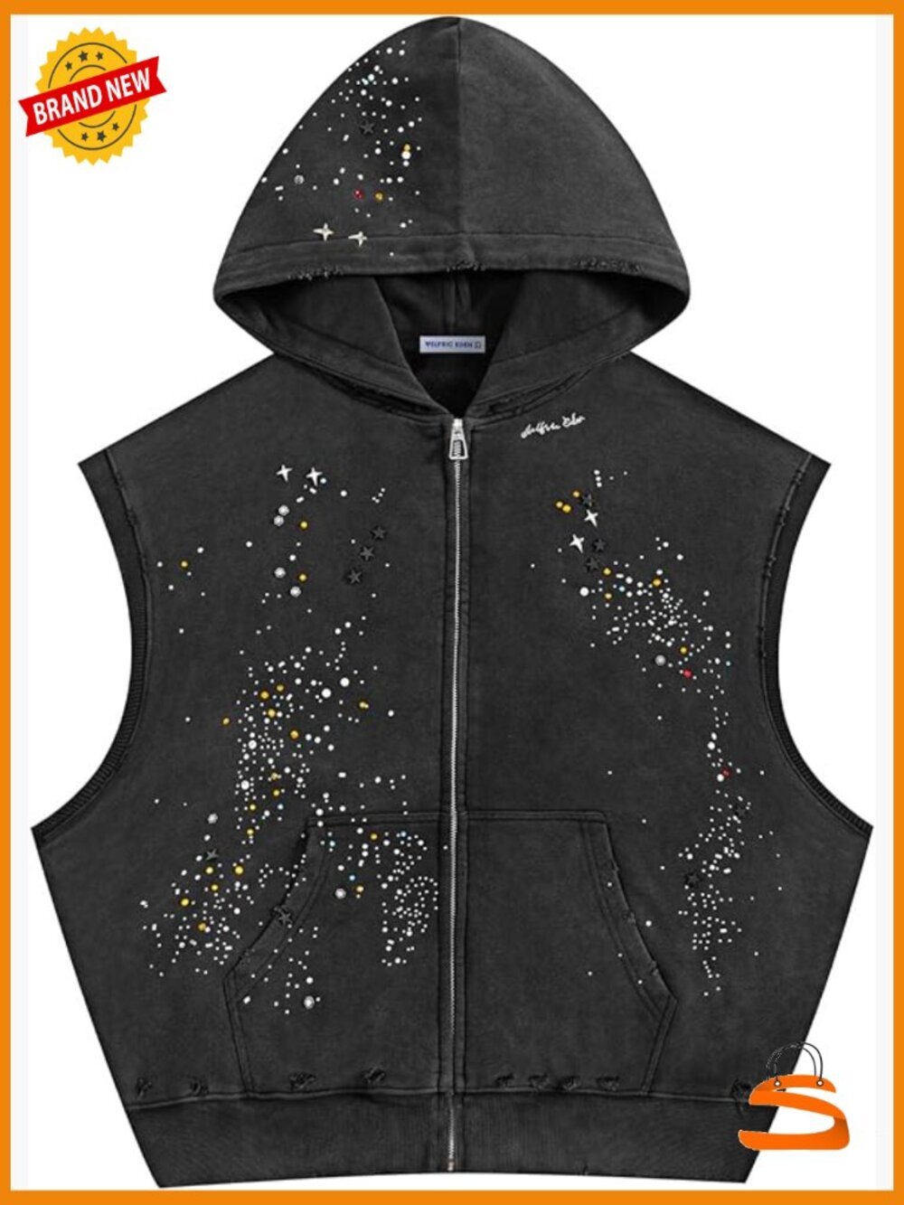 Sleeveless Zip Up Hoodie Vest Rhinestone Star Streetwear Unisex Summer Top